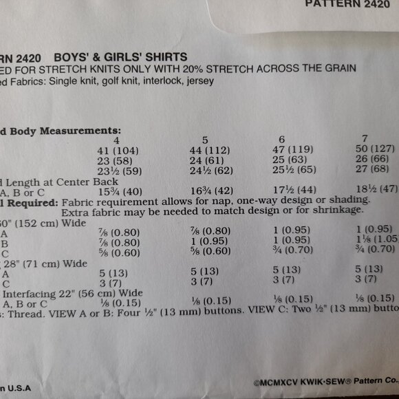 Kids Henley Shirts Pullover Tops Boys Girls Size 4-7 Kwik Sew 2420 UNCUT - Picture 6 of 9